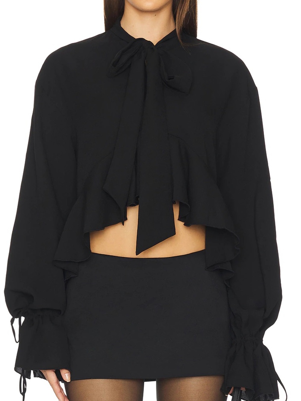 Women's Black Tie-Neck Ruffle Crop Blouse